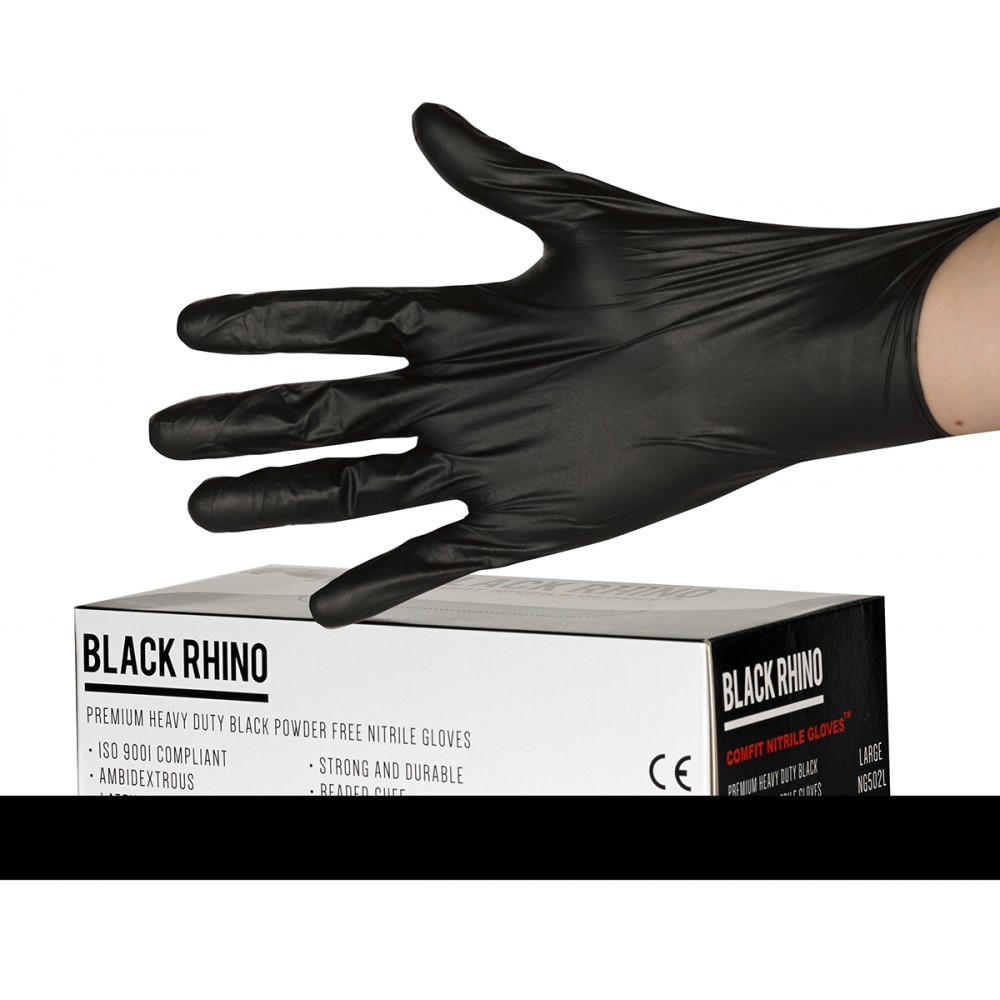 Image for Rhino NG502FM Comfit Heavy Duty Nitrile Powder Free Gloves Medium Black Pk100