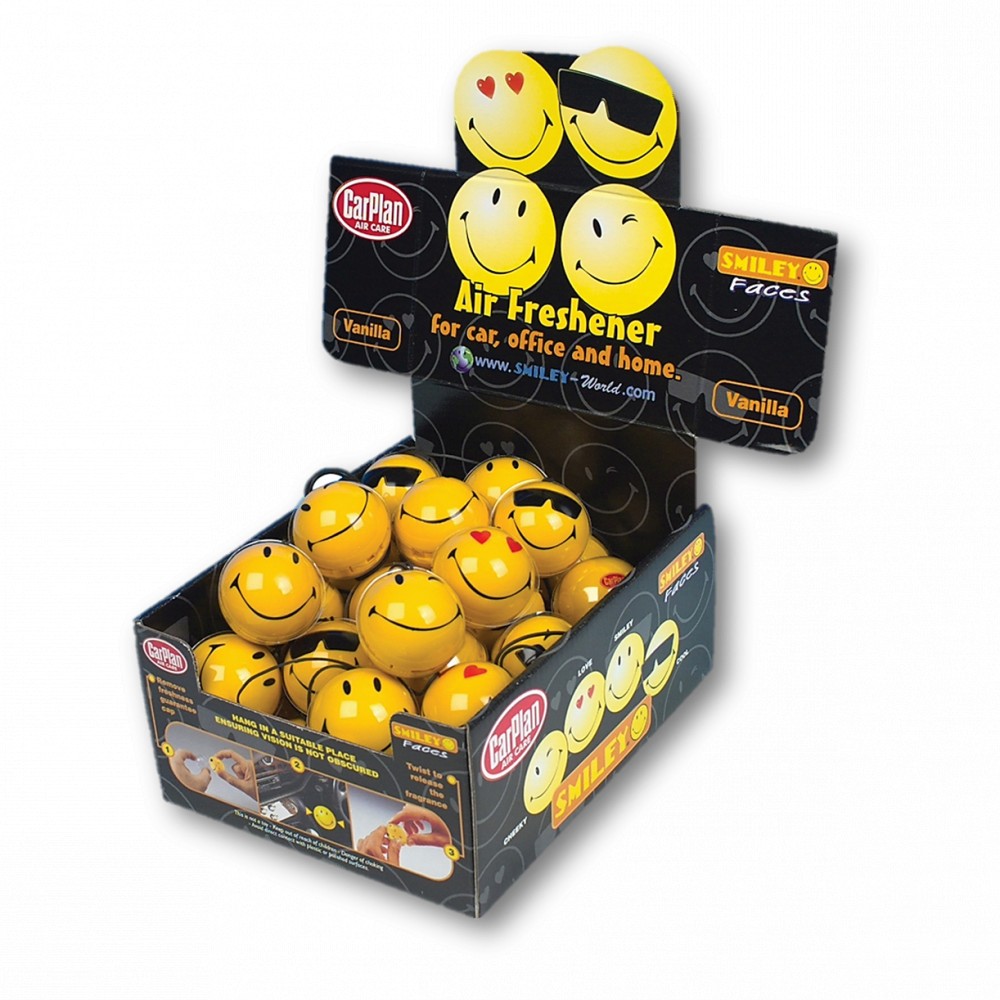 Image for CarPlan AIR130 Smiley Faces Yellow 3D Car Air Fresheners 36 Piece Counter Display Unit Vanilla