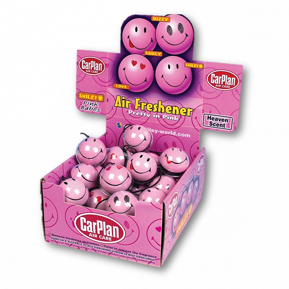 Image for CarPlan AIR149 Smiley Faces Pink 3D Car Air Fresheners 36 Piece Counter Display Unit Heaven Scent